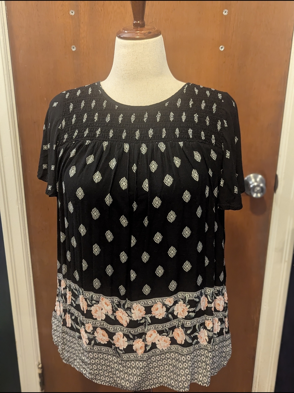 torrid Black Short-Sleeve Tunic with Peach Floral Border